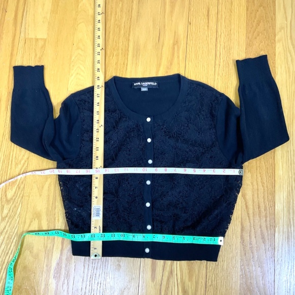 Karl Lagerfeld Cardigan Sweater Lace Front Pearl Buttons Black (L) - Picture 8 of 8